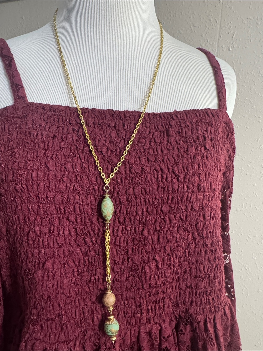 Vintage Gold-Tone Long Pendant Necklace with Turquoise Beads - Women Jewelry
